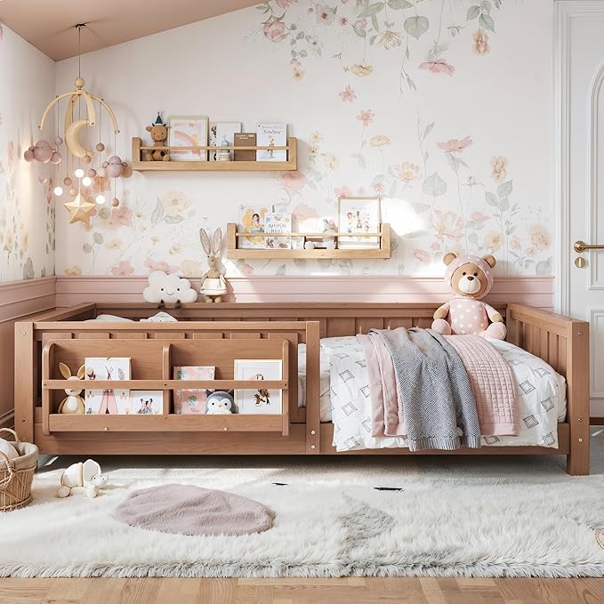 Bellemave Twin Size Kids Montessori Bed with Bookshelf,Solid Wood Twin Floor Bed Frame with Fence and Slats for Girls Boys,Low-Profile,Dark Natural