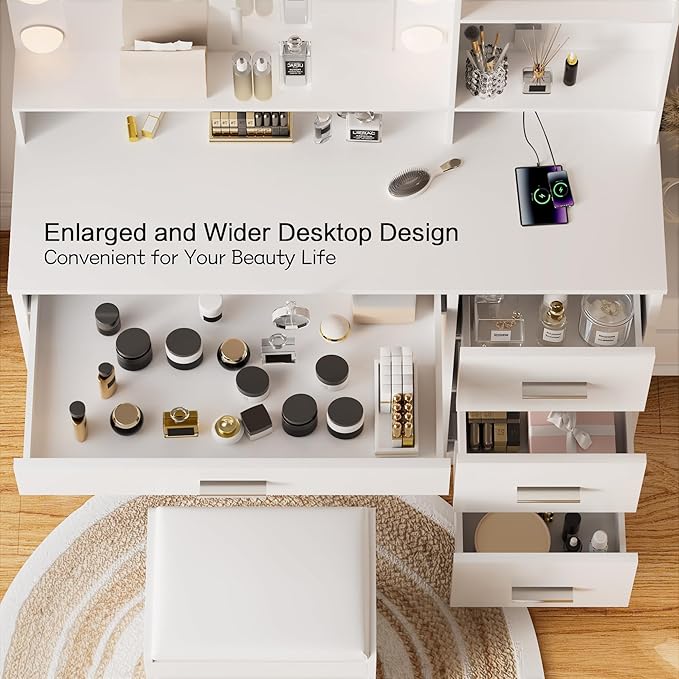 YESHOMY 39" Vanity Desk with Mirror & Lights, Makeup Vanity Table with Power Outlet & Storage Drawers, 3 Color LED Lighting, Dressing Table for Bedroom, Pure White