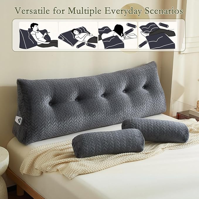 YOUR MOON Wedge Headboard Pillow Queen Size, Triangular Wedge Backrest Pillow with 1 Pack Neck Roll Pillows, Headboard Pillow for Bed,Daybed,and Lounging, Large Bed Bolster Pillows,Dark Gray
