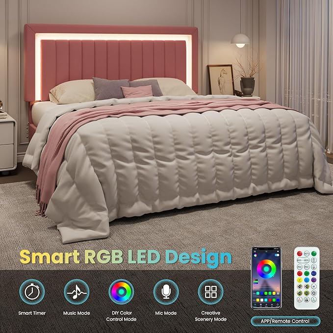 SHA CERLIN King Size Velvet Bed Frame with LED Light, Adjustable Vertical Channel Tufted Headboard, Strong Wooden Slats Support, Noise-Free, No Box Spring Needed, Pink
