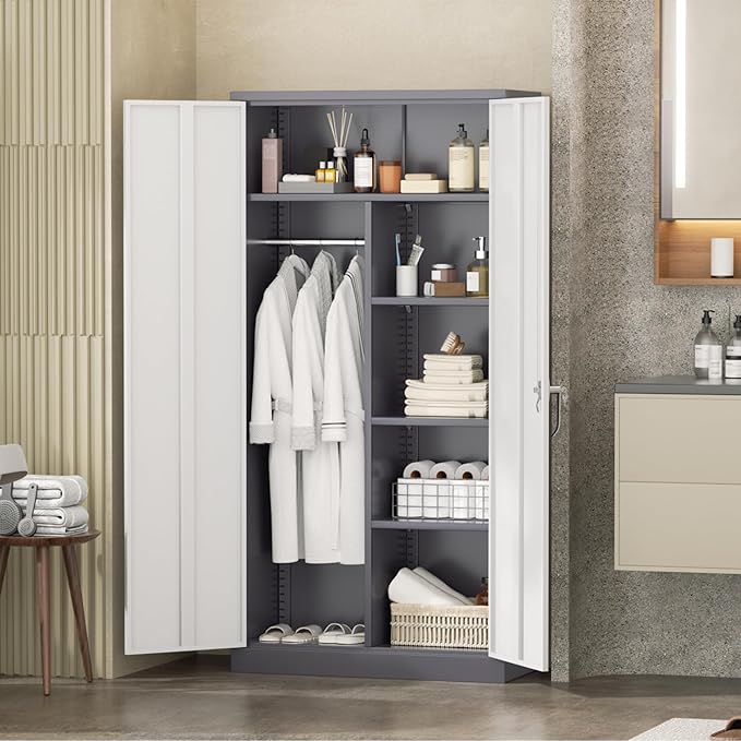 INTERGREAT Metal Storage Cabinet,72 Tall Armoire Wardrobe Closet with Doors,Grey White Storage Locker Cabinets with Adjustable Shelves and Removable Hanging Rods
