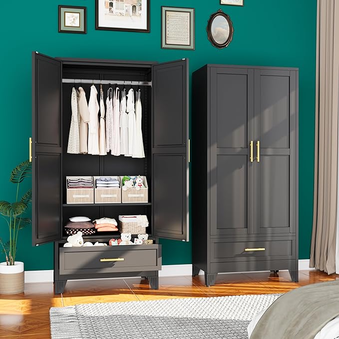 71"H Metal Tall Armoire Wardrobe Closet with Drawer,Household Steel Wardrobe Closet Cabinet with Drawers,Clothing Storage Wardrobes Cabinet with Adjustable Shelves and Hanging Rod For Bedroom