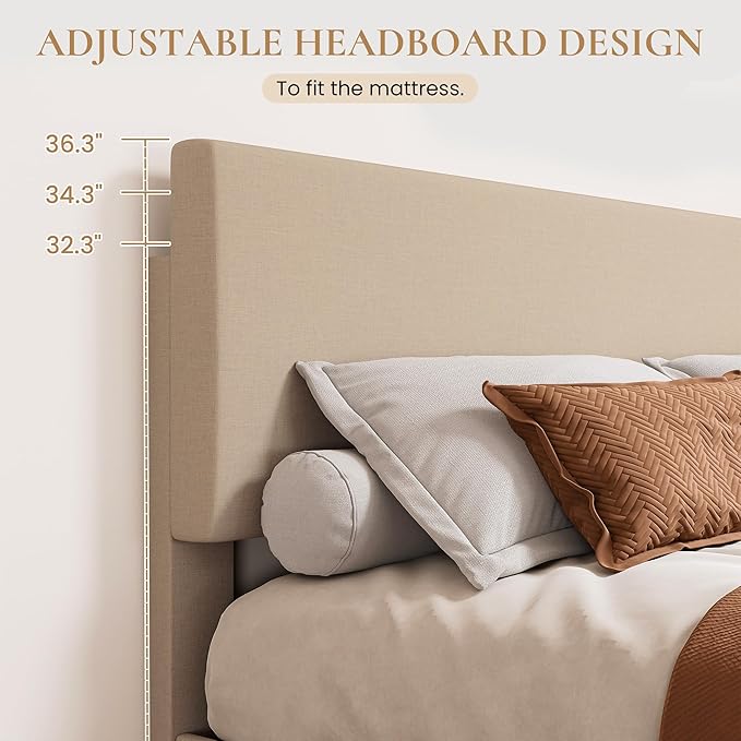 SHA CERLIN Upholstered Full Size Bed Frame with Adjustable Headboard, Stable Mattress Foundation, Strong Back-Support, No Box Spring Needed, Beige