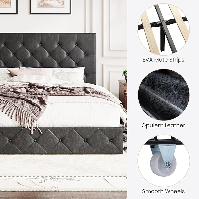 SHA CERLIN Upholstered King Platform Storage Bed Frame with 4 Drawers, Adjustable Headboard with Faux Leather Diamond Button Tufted Design, Wooden Slat Support, No Box Spring Needed, Black