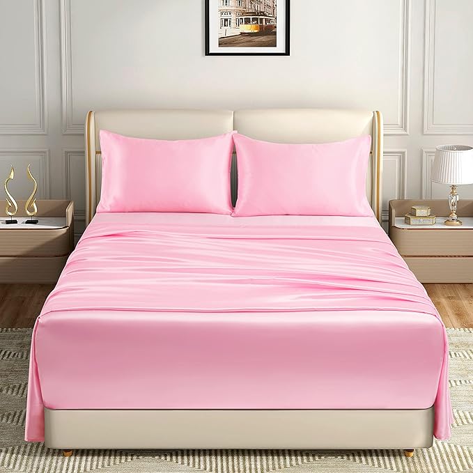 Homiest 4pcs Extra Deep Pocket Satin Sheets Queen Size Bed Set, 18-24 Inch Deep Pocket Bed Sheets Pink Satin Sheet Set, Silky Satin Bedding Set Luxury Fitted Sheet Set Fits Ultra Deep Mattress