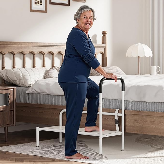 Bed Step Stool for Adults, Bedside Steps for Elderly Seniors with Non-Slip Handle & LED Light, Stable Assist Rail for High Beds