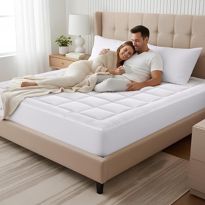 OLANLY California King Quilted Fitted Mattress Pad, Elastic Fitted Mattress Topper, Cooling Soft Mattress Cover Stretches up to 21 Inches Deep, Machine Washable Mattress Protector (72x84 inch, White)