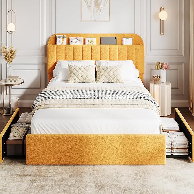 GarveeHome Full Bed Frame with Storage Headboard, Kids Bed Frame with 2 Drawers, Boucle Upholstered Platform Bed with Bookcase, No Box Spring Needed, Easy Assembly, Yellow