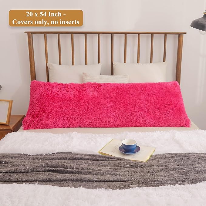 XeGe Shaggy Faux Fur Body Pillow Cover, Fluffy Long Body Pillow Case with Zipper Closure, Soft Decorative Plush Furry Body Pillowcase, Fuzzy Pillow for Bedroom Home Decoration Couch 20"x54", Hot Pink