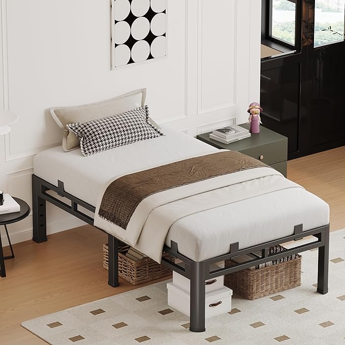 14 Inch Twin XL Bed Frame, Metal Double Layer Steel 4000 lbs Capacity, Platform with Large Under Bed Storage Space, No Box Spring Needed, Noise-Free, Easy Assembly