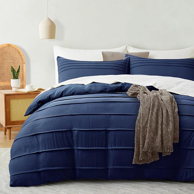 Oli Anderson Navy Blue Duvet Cover King Size - Pleated King Duvet Cover, 3PCS Soft and Breathable Textured Bedding Set with Zipper Closure(Navy Blue,104"x90")