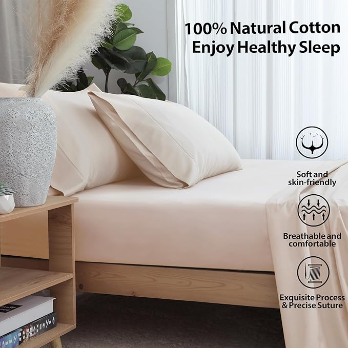 2-Pack Pure Cotton Bottom Sheet Queen Size, 600 Thread Count 16" Deep Pocket Egyptian Cotton Fitted Sheet (2-Pack, Queen, Beige)