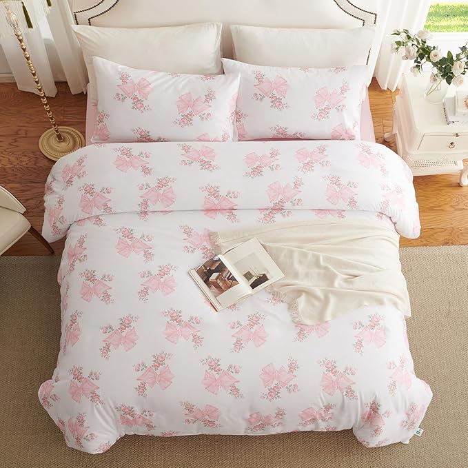 Nayoroom Pink Bow Duvet Cover Full Size Coquette Pink Floral Duvet Cover 3 Pieces Soft Lightweight Microfiber Girls Cute Aesthetic Dorm Bedding Set