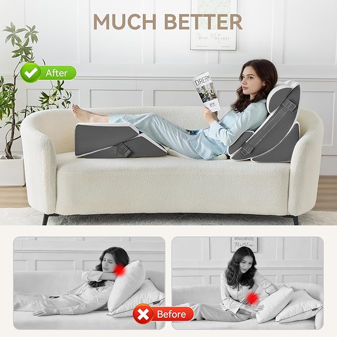 Yojoker 9PCS Orthopedic Bed Wedge Pillow Set for Sleeping, Back and Leg Pain Relief, Post Surgery Foam Pillow for Body, Triangle Adjustable Support Pillow - Acid Reflux Sleeping Pillows Grey
