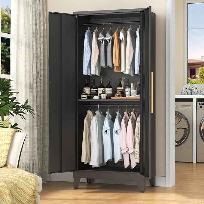 72" Tall Metal Armoire Wardrobe Closet - Large Clothing Storage Cabinet with Mirror Doors, 2 Hanging Rod & Adjustable Shelve - Closet Organizer for Bedroom, Office, Laundry Room, Garage - Black