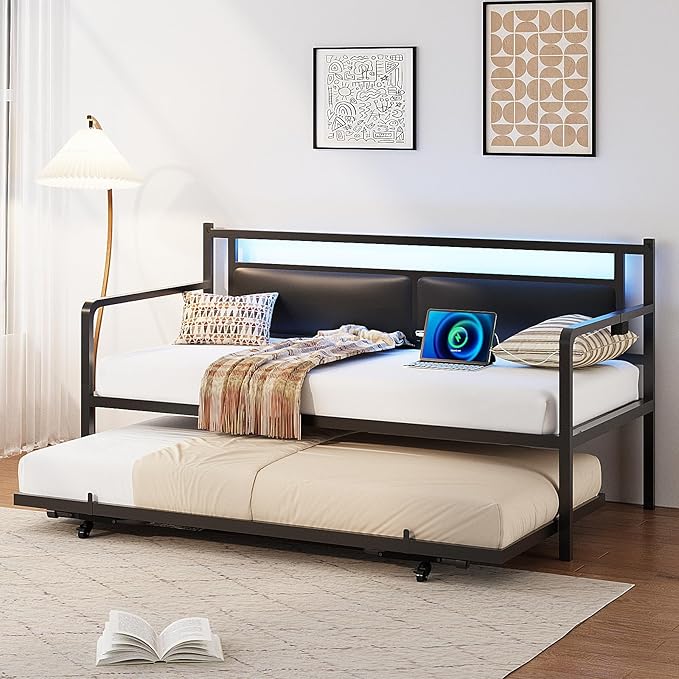 VINGLI Twin Daybed with Pop Up Trundle,Sofa Day Bed with LED Light & Charing Station,Pull Out Bed with Steel Slat Support & Upholstered Headboard, Platform Bed Frame, Black