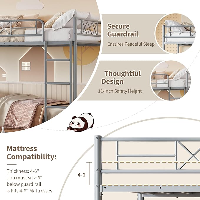 Garvee Bunk Bed Twin Over Twin with Extra High Guardrail, Heavy Duty Metal Frame & Sturdy Slats, No Box Spring Needed, Space Saver, Gray