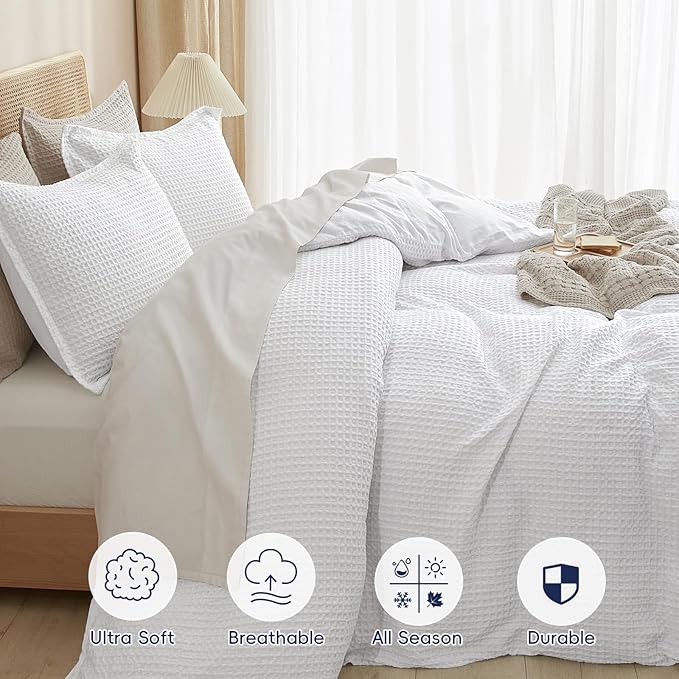 PHF Waffle Weave Duvet Cover Set Twin/Twin XL Size, No Snagging Ultra Soft Luxury Textured Breathable Comforter Cover for All Season 2pcs, Durable Bedding Duvet Set with 1 Pillow Sham, 68"x90", White