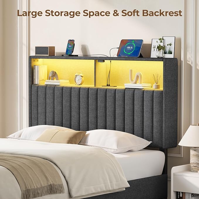 Rolanstar Headboard for Twin Size Bed with Storage, Head Board with USB & Type C Port, 60,000 DIY Color of LED Light, Velvet Upholstered, Height Adjustable, Sturdy, Easy Assembly, Grey