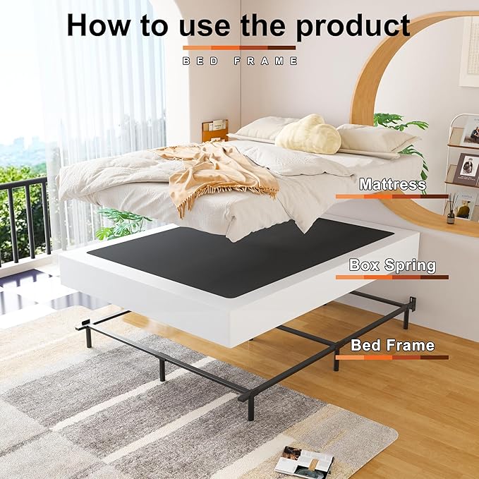 EMODA 8 Inch Full Size Box Spring Bed Base, 3000 LBS Heavy Duty Metal Mattress Foundation with Fabric Cover, Easy Assembly, Black