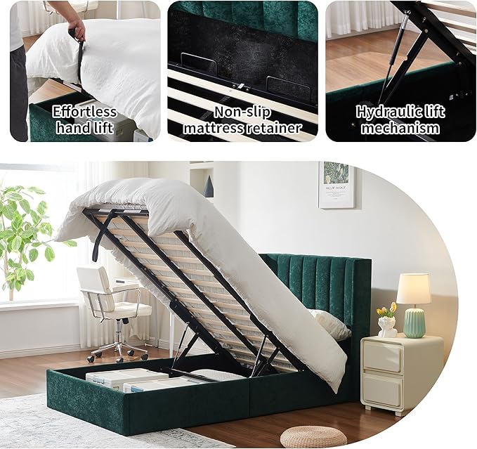 YUHUASHI Queen Size Hydraulic Storage Bed, Upholstered Platform Bed Frame, Modern Wingback Design Headboard, Velvet Fabric with Hydraulic Support Bars, No Box Spring Required (Ink Green, Twin)