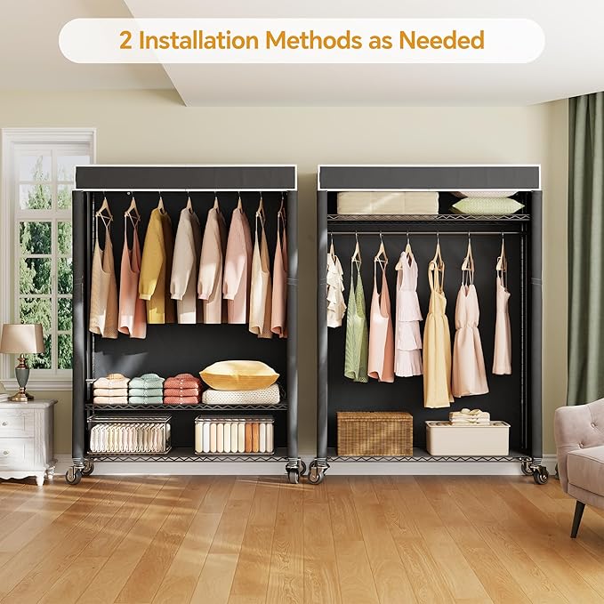 Higeego H4 Plus Rolling Garment Rack with Cover, Heavy Duty Clothes Rack with Wheels, Portable Closet for Hanging Clothes, Wardrobe Closets Organizer Storage, Black Closet Rack with Black Fabric Cover