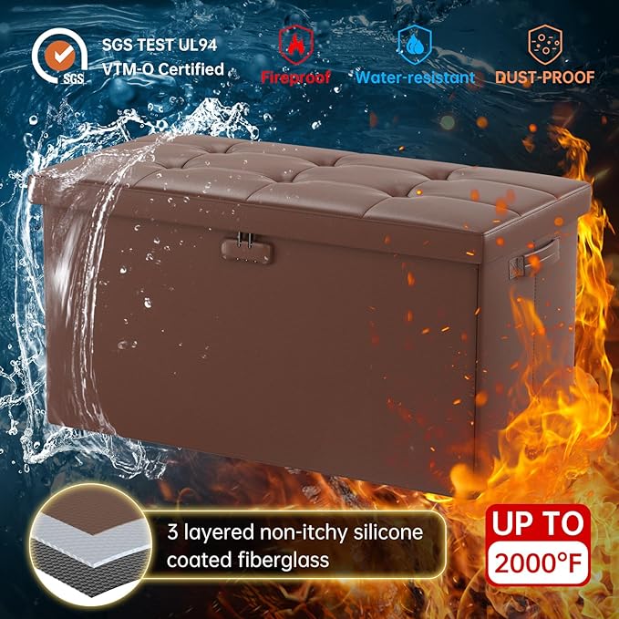 ENGPOW Storage Ottoman Bench,Fireproof Folding Bench with Lock,30 Inches Fire＆Water Resistant Storage Chest Foot Rest Stool Leather Bedroom Bench with Storage Safe for Document,Valuables, Brown