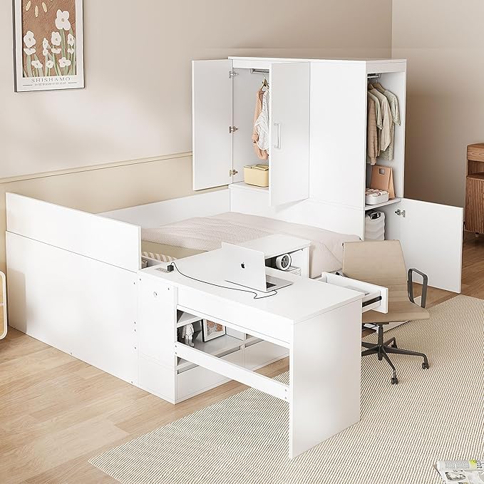 SOFTSEA Full Size Daybed with Wardrobe, L-Shaped Desk, 6 Drawers & USB Ports, Wooden Platform Bed with Open Shelves & Under Bed Storage, Space-Saving Corner Bed for Kids Teens, White