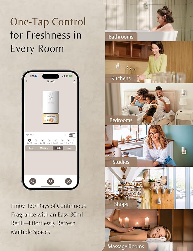 Essential Oil Diffuser for Home, Waterless Aromatherapy Diffuser SF101, Plug in Room Scent with 120-Day Natural Aroma, Covers 1000 Sq Ft – Free 30ml Cineole Rosemary