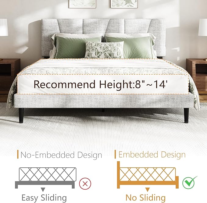 Full Size Bed Frame with Linen Upholstered Platform Bed Frame, Wooden Slats Support, Noise-Free Mattress Foundation, No Box Spring Needed, Easy Assembly, Light Grey