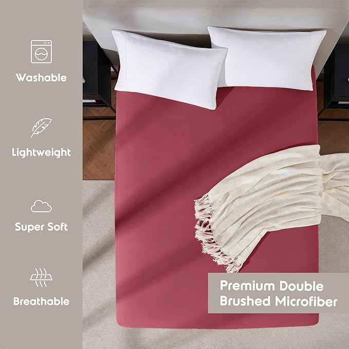 Nestl Burgundy Red Extra Deep Pocket Twin XL Fitted Sheet, Luxury XL Twin Fitted Sheet Only Easily Fits 18 to 24 Inch Mattress, Super Soft, Wrinkle-Free, and Breathable Bed Sheets with Corner Straps