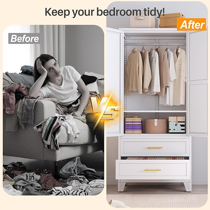 RIETERN Metal Armoire Wardrobe Closet, 71" Tall Bedroom Closet with Mirror, 2 Drawers, Adjustable Shelves, and Hanging Rod, Steel Clothes Closets and Storage, for Bedroom White