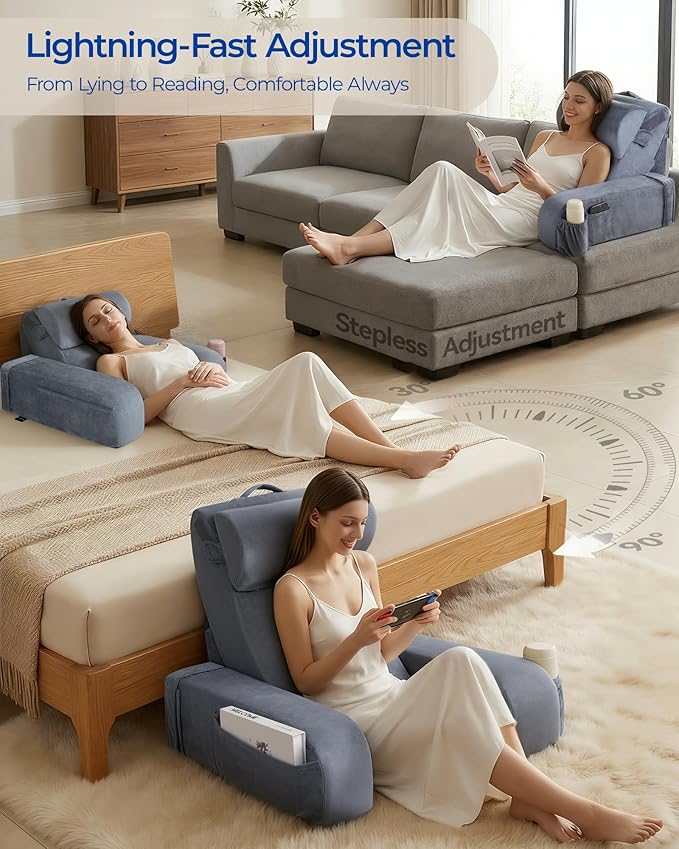 Reading Pillow with 30-90° Stepless Adjustable Angle & Height, 2 in 1 Back Wedge Pillow for Bed Sitting up with Detachable Arms Rest, Backrest Pillow for Reading/Gaming/Working in Bed or Couch, Large
