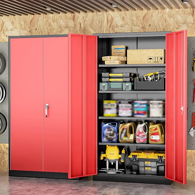 INTERGREAT Metal Lockable Storage Cabinet, 72” H Storage Cabinet with 2 Doors and 4 Adjustable Shelves for Office, Garage, Pantry (Assembly Required, Black Red)