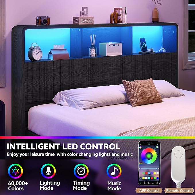 Headboard Queen Size with Storage, 63" Wide Wooden Queen Headboard Only, Modern Farmhouse Head Board with Outlets & USB Ports, Wall Mounted Headboards with Color-Changing LED, Black