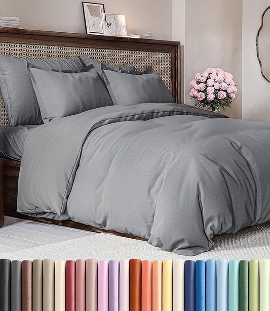 Duvet Cover King Size Set - Extra Soft King Duvet Cover 104" x 90" with 2 Pillow Shams - Hotel Luxury, Easy Care & Fade Free with Zipper Closures and Ties - Comfy, Cozy & Breathable (Heathered Grey)