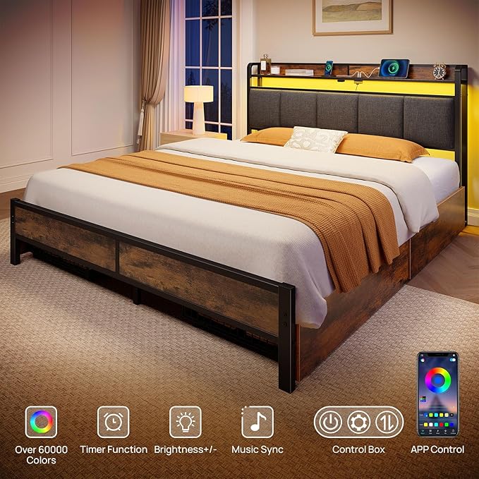 Rolanstar Bed Frame Queen Size with Charging Station and LED Lights, Upholstered Storage Headboard with Drawers, Heavy Duty Metal Slats, No Box Spring Needed, Easy Assembly, Rustic Brown