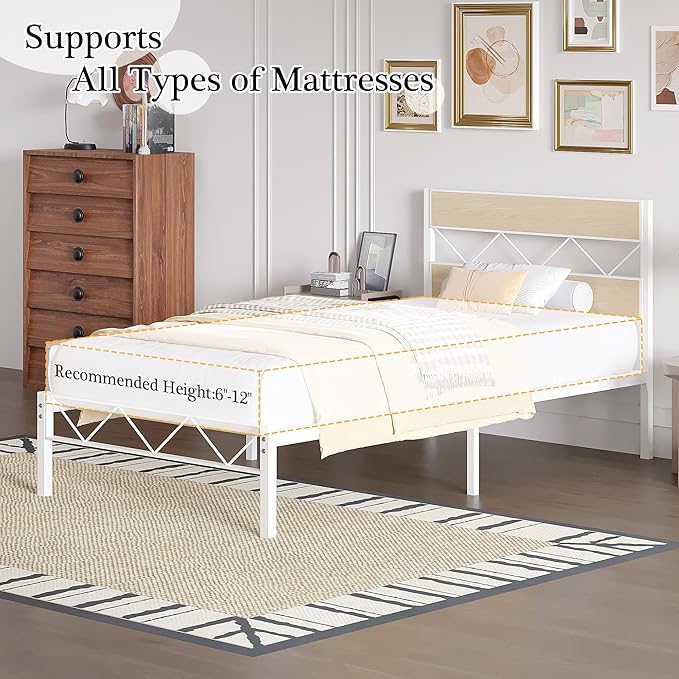 VECELO Twin Size Bed Frame with Headboard, Heavy-Duty Platform Bedframe with Metal Slats Support, No Box Spring Needed, Easy Assembly, White & Natural