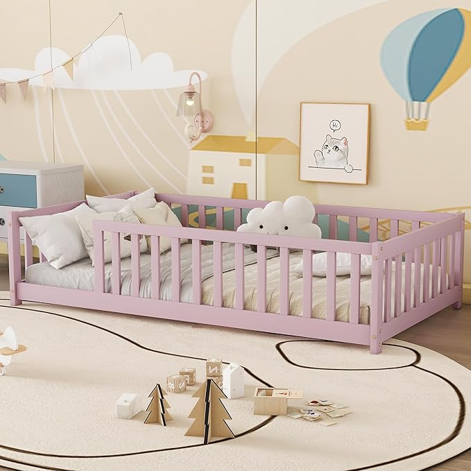 Bellemave Twin Floor Bed with Slats and Safety Guardrails, Twin Size Montessori Floor Bed with Fence and Without Door, Easy Assemble Montessori Beds Frame for Girls, Boys, Pink