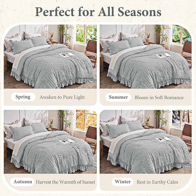 JOLLYVOGUE Light Grey Twin Size Comforter Set, 2 Pieces Seersucker Lightweight Fluffy Bedding Set, Twin Ruffle Comforter, All Season Soft Microfiber Shabby Chic Bed Set