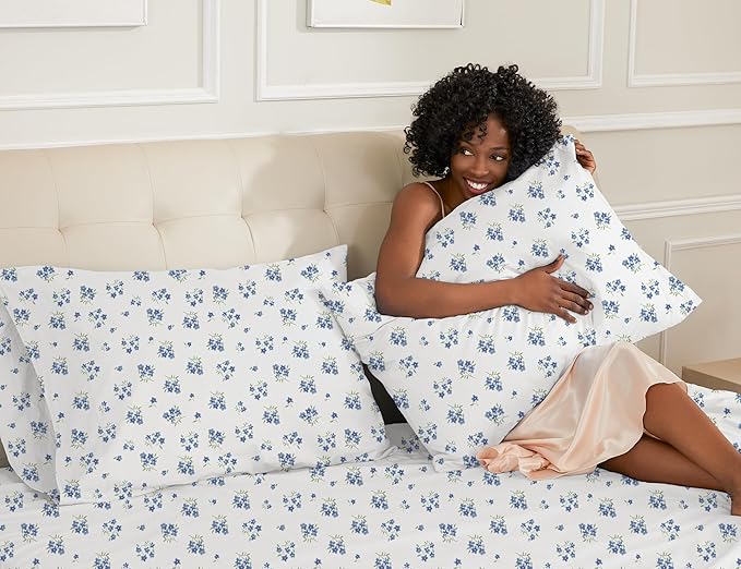 sunflower Queen Pillowcases Set of 2, 100% Cotton Queen Size Pillow Cases 2, 20×30 inches Blue Posy, Soft and Breathable