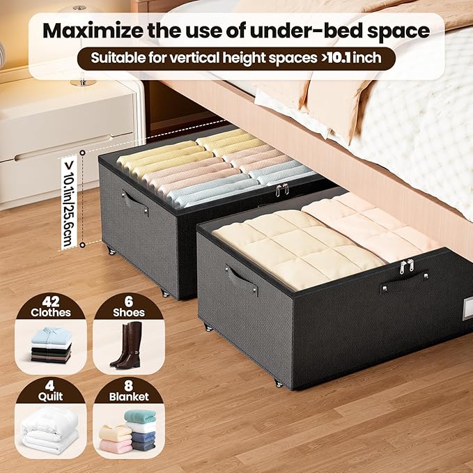 Dayacoco Under Bed Storage With Wheels,10 Inches Under Bed Storage Containers,65L Large Capacity,No Assembly Required Rolling Under Bed Storage for Clothes,Blankets,Shoes,Black