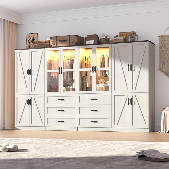 75" Tall Farmhouse 8 Doors Armoire Wardrobe Closet with 6 Drawers and LED,Freestanding Closet Wardrobe Cabinet for Bedroom with Hanging Rod,Wooden Armoire Storage Cabinet(Rustic Off White 8 Doors)