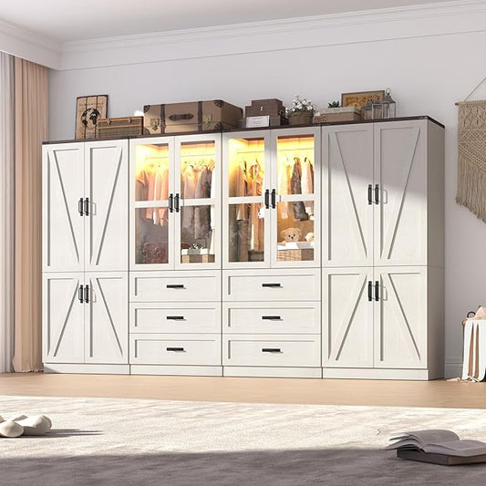 75" Tall Farmhouse 8 Doors Armoire Wardrobe Closet with 6 Drawers and LED,Freestanding Closet Wardrobe Cabinet for Bedroom with Hanging Rod,Wooden Armoire Storage Cabinet(Rustic Off White 8 Doors)
