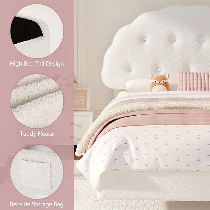 Cookie Full Upholstered Bed Frame with LED Lights, Floating Bed Frames with Adjustable Headboard and Raised Footboard for Princess/Prince Bedroom, Teddy Velvet（White）