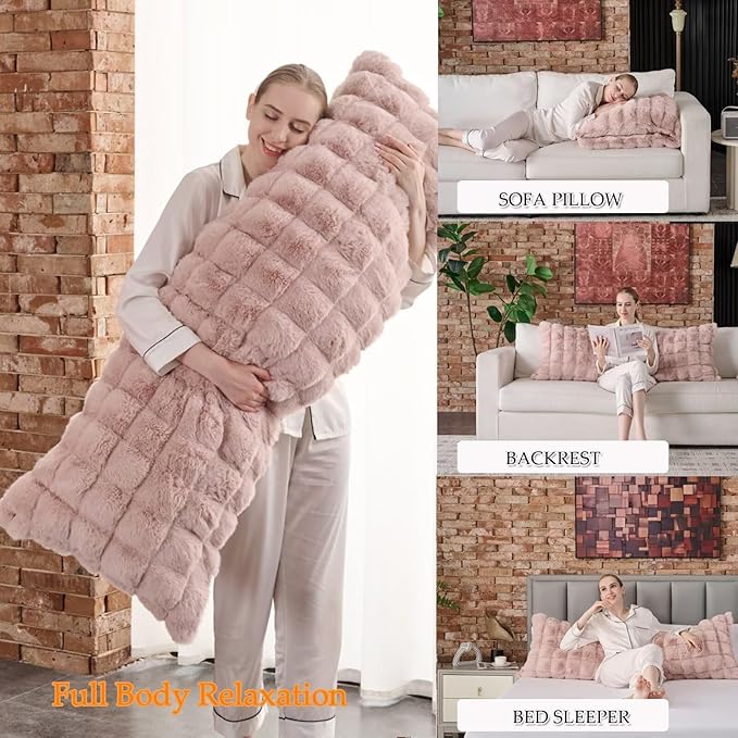Luxury Shaggy Faux Fur Body Pillow,Fluffy Bed Pillow with Zipper Closure,Soft Decorative Plush Full Long Pillows,Fuzzy Hug Pillow for Home Living Room Side Sleeper & Pregnancy 20"x54" Pink Chocolate