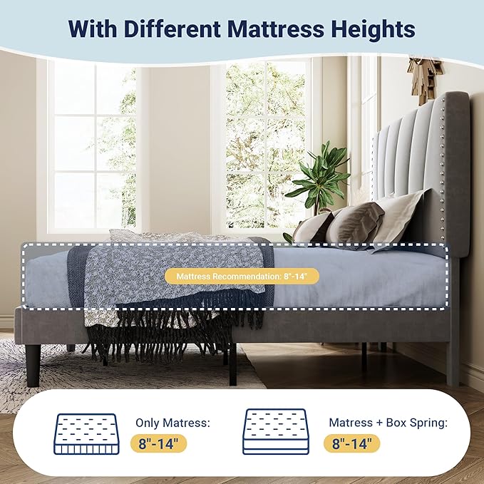 Allewie King Size Bed Frame with Adjustable Velvet Upholstered Headboard, Rivet-Style Nailhead Trim Detail Platform Bed Frame, Wooden Slat Support, No Box Spring Needed, Easy Assembly, Grey
