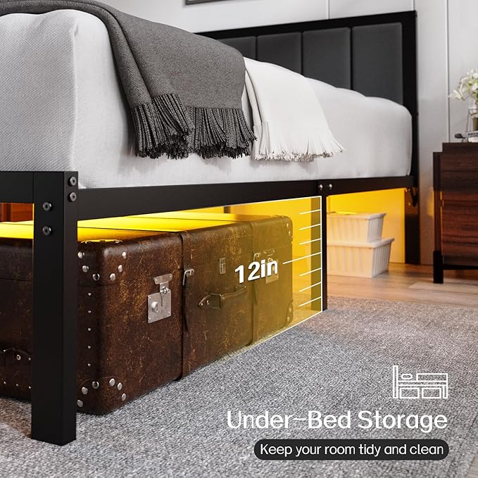 OLEVS Full Bed Frame with Headboard Metal Platform Bed Full Size with USB Charging Station and LED Lights, No Box Spring Needed