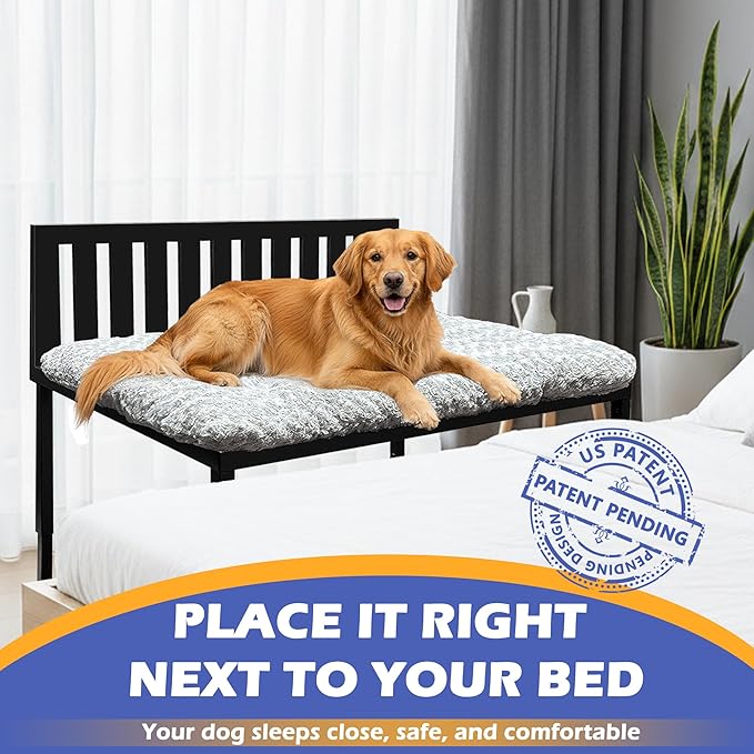 Heavy Duty Dog Bunk Bed, Adjustable Height Metal Dog Bed Frame with Wooden Side Panels & Washable Cushions, Elevated Raised Pet Bed for Large Dogs, 48.5''x 30.5''