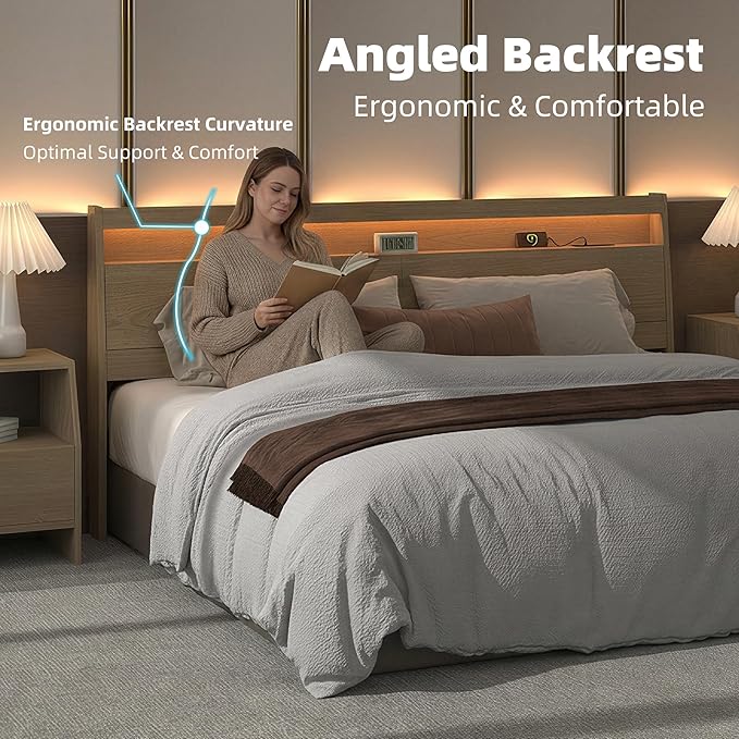 Wooden Headboard Only with Storage, Skirting Groove for Enhanced Stability, Built-in Power Outlet, 2 USB Ports & LED Light - Solid Wood Leg Sturdy Stable Bed Backboard (Oak, Queen)